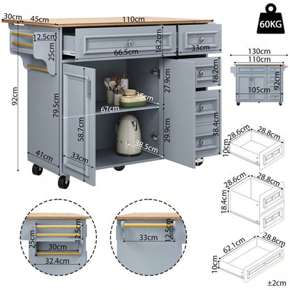 Kücheninsel(110×45-75×92cm),Modernes Küchensiland, Küchenschrank, Abnehmbare Servierwagen buffetschrank, Speisewagen mit Vintage-Muster, buffetschrank, Multifunktionale Esstisch mit Speicherraum,Blau