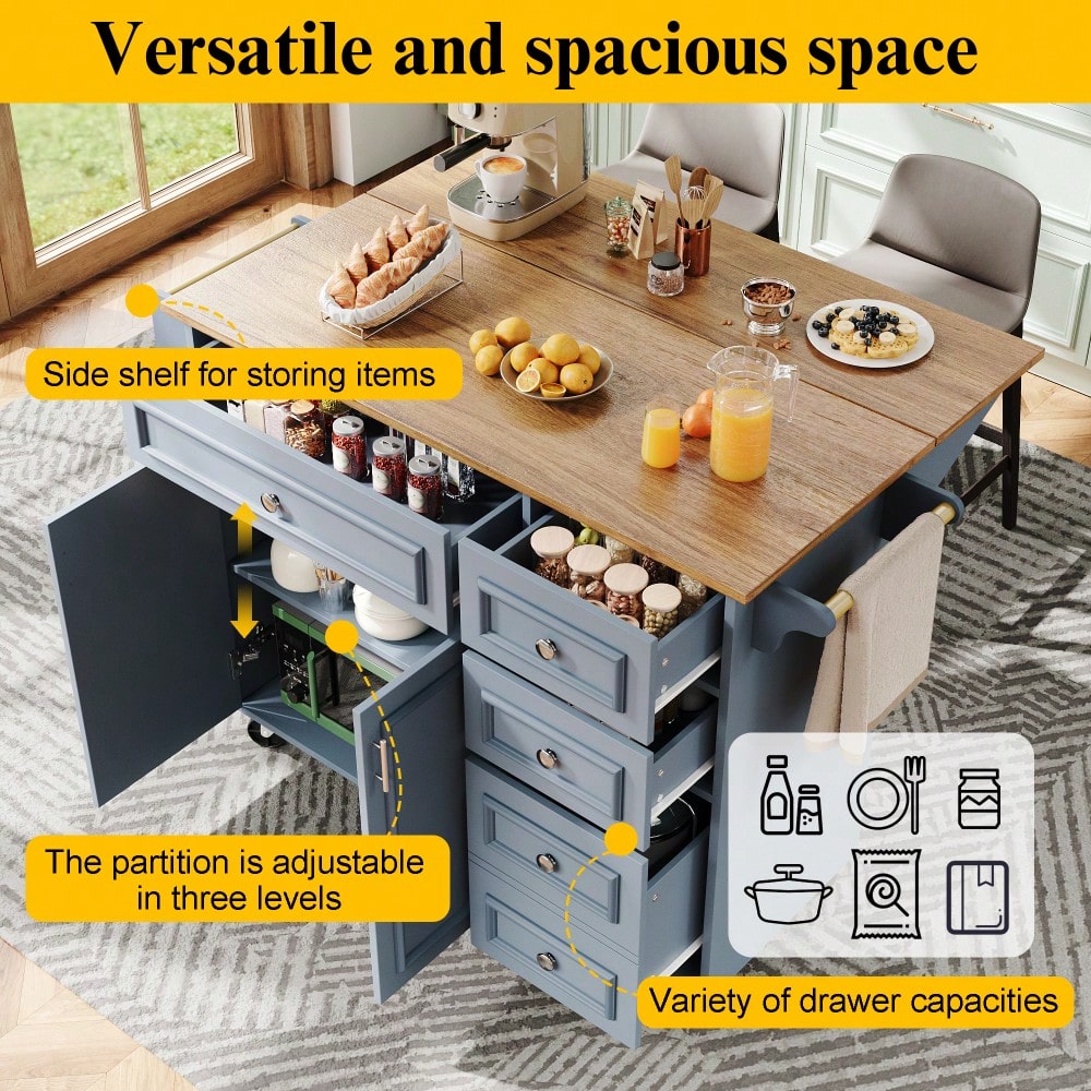 Kücheninsel(110×45-75×92cm),Modernes Küchensiland, Küchenschrank, Abnehmbare Servierwagen buffetschrank, Speisewagen mit Vintage-Muster, buffetschrank, Multifunktionale Esstisch mit Speicherraum,Blau