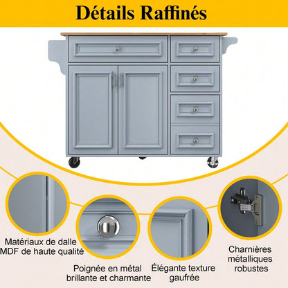 Kücheninsel(110×45-75×92cm),Modernes Küchensiland, Küchenschrank, Abnehmbare Servierwagen buffetschrank, Speisewagen mit Vintage-Muster, buffetschrank, Multifunktionale Esstisch mit Speicherraum,Blau