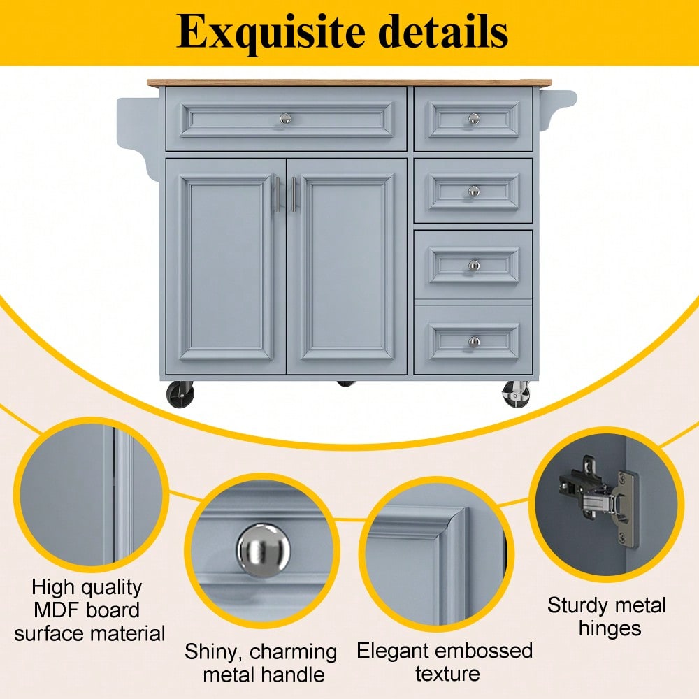 Kücheninsel(110×45-75×92cm),Modernes Küchensiland, Küchenschrank, Abnehmbare Servierwagen buffetschrank, Speisewagen mit Vintage-Muster, buffetschrank, Multifunktionale Esstisch mit Speicherraum,Blau