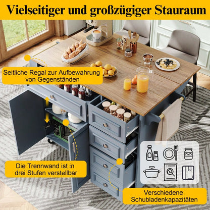 Kücheninsel(110×45-75×92cm),Modernes Küchensiland, Küchenschrank, Abnehmbare Servierwagen buffetschrank, Speisewagen mit Vintage-Muster, buffetschrank, Multifunktionale Esstisch mit Speicherraum,Blau