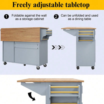Kücheninsel(110×45-75×92cm),Modernes Küchensiland, Küchenschrank, Abnehmbare Servierwagen buffetschrank, Speisewagen mit Vintage-Muster, buffetschrank, Multifunktionale Esstisch mit Speicherraum,Blau