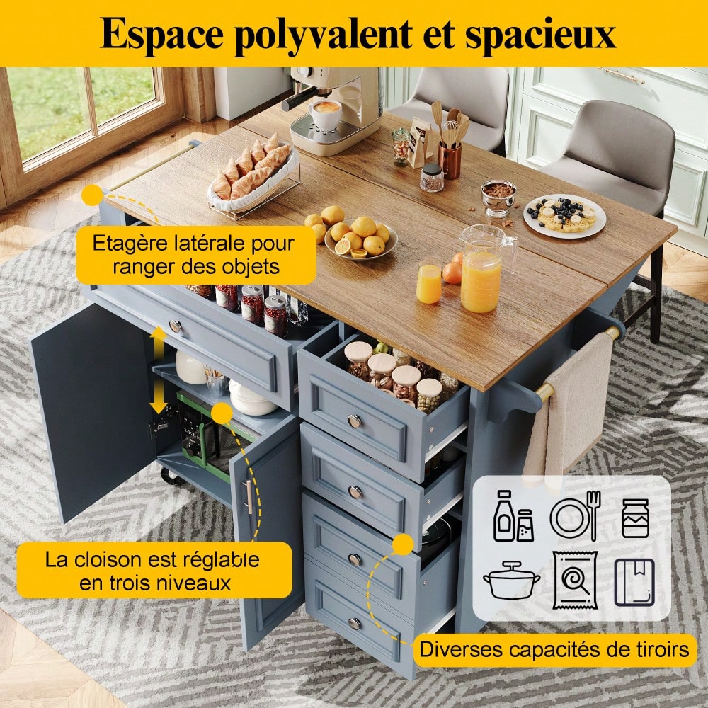 Kücheninsel(110×45-75×92cm),Modernes Küchensiland, Küchenschrank, Abnehmbare Servierwagen buffetschrank, Speisewagen mit Vintage-Muster, buffetschrank, Multifunktionale Esstisch mit Speicherraum,Blau