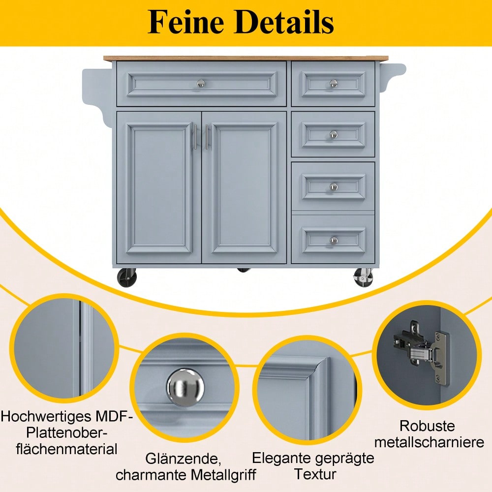 Kücheninsel(110×45-75×92cm),Modernes Küchensiland, Küchenschrank, Abnehmbare Servierwagen buffetschrank, Speisewagen mit Vintage-Muster, buffetschrank, Multifunktionale Esstisch mit Speicherraum,Blau
