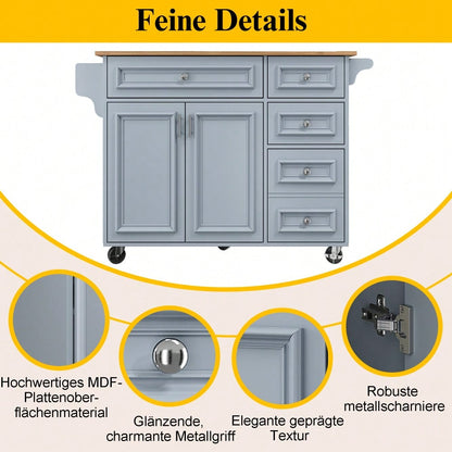 Kücheninsel(110×45-75×92cm),Modernes Küchensiland, Küchenschrank, Abnehmbare Servierwagen buffetschrank, Speisewagen mit Vintage-Muster, buffetschrank, Multifunktionale Esstisch mit Speicherraum,Blau