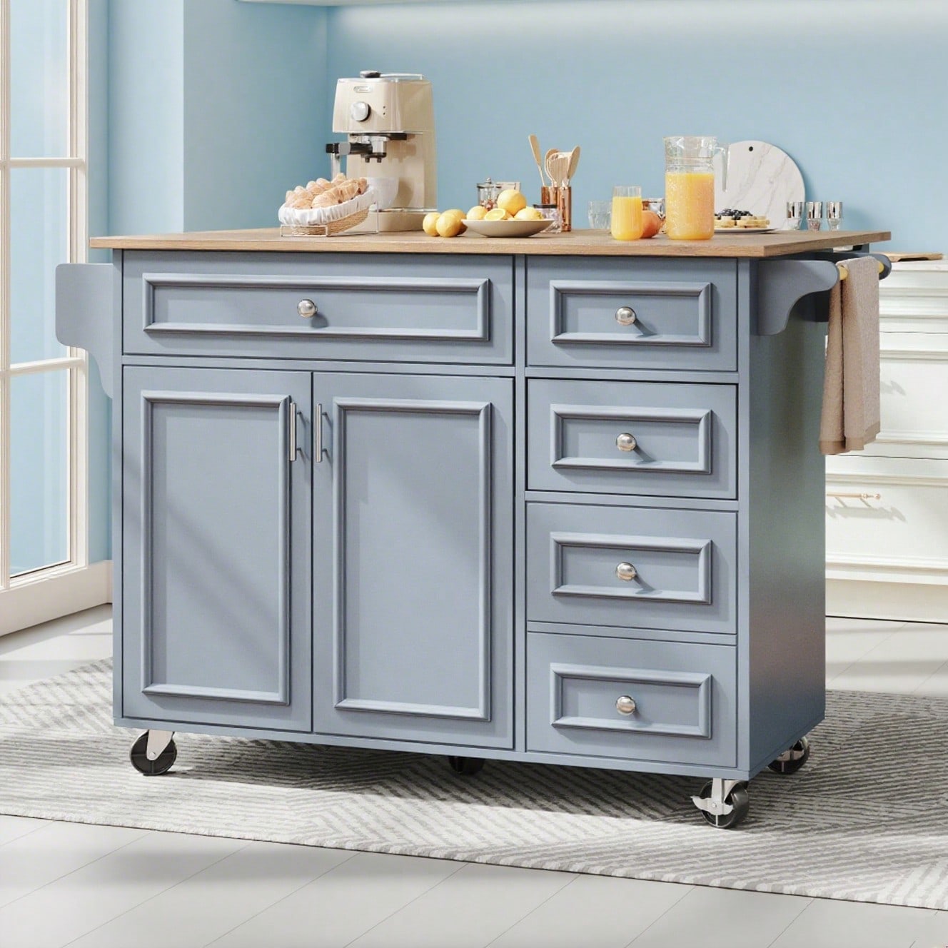 Kücheninsel(110×45-75×92cm),Modernes Küchensiland, Küchenschrank, Abnehmbare Servierwagen buffetschrank, Speisewagen mit Vintage-Muster, buffetschrank, Multifunktionale Esstisch mit Speicherraum,Blau