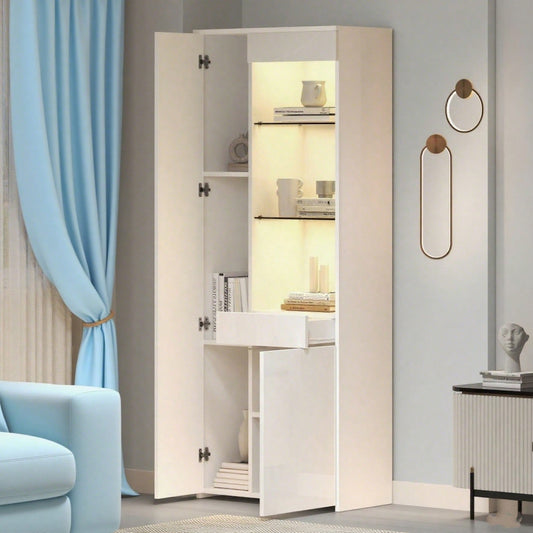 70*35*180cm Vitrine mit Schubladen, Vitrine Hochglanz, Glasvitrine mit LED-Beleuchtung,Hochschrank, Highboard Mit Schrank , Standvitrine,Trennwandlagerung, empfohlene Tragkraft 45kg