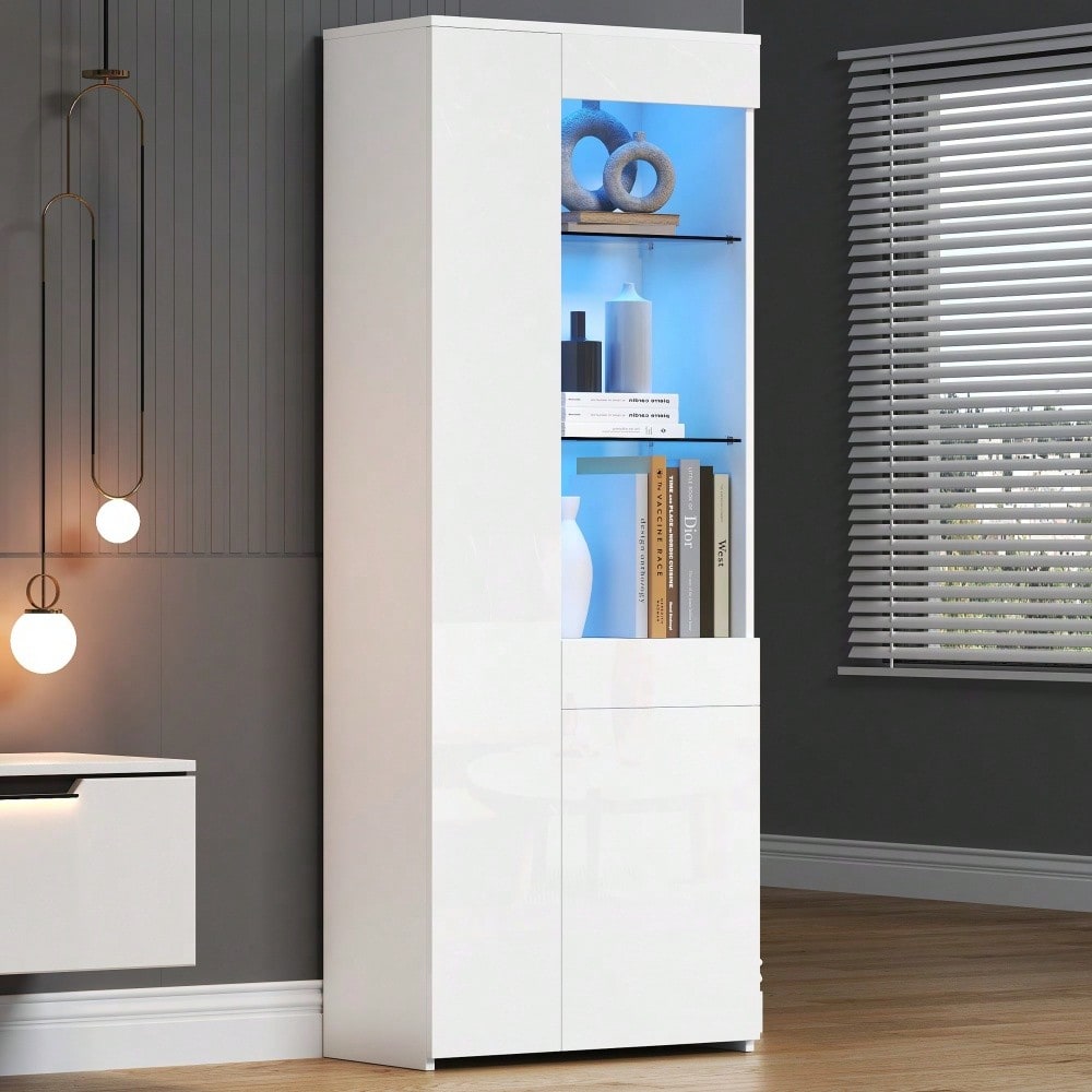 70*35*180cm Vitrine mit Schubladen, Vitrine Hochglanz, Glasvitrine mit LED-Beleuchtung,Hochschrank, Highboard Mit Schrank , Standvitrine,Trennwandlagerung, empfohlene Tragkraft 45kg