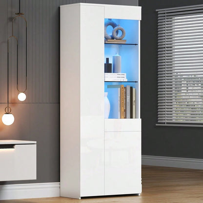 70*35*180cm Vitrine mit Schubladen, Vitrine Hochglanz, Glasvitrine mit LED-Beleuchtung,Hochschrank, Highboard Mit Schrank , Standvitrine,Trennwandlagerung, empfohlene Tragkraft 45kg