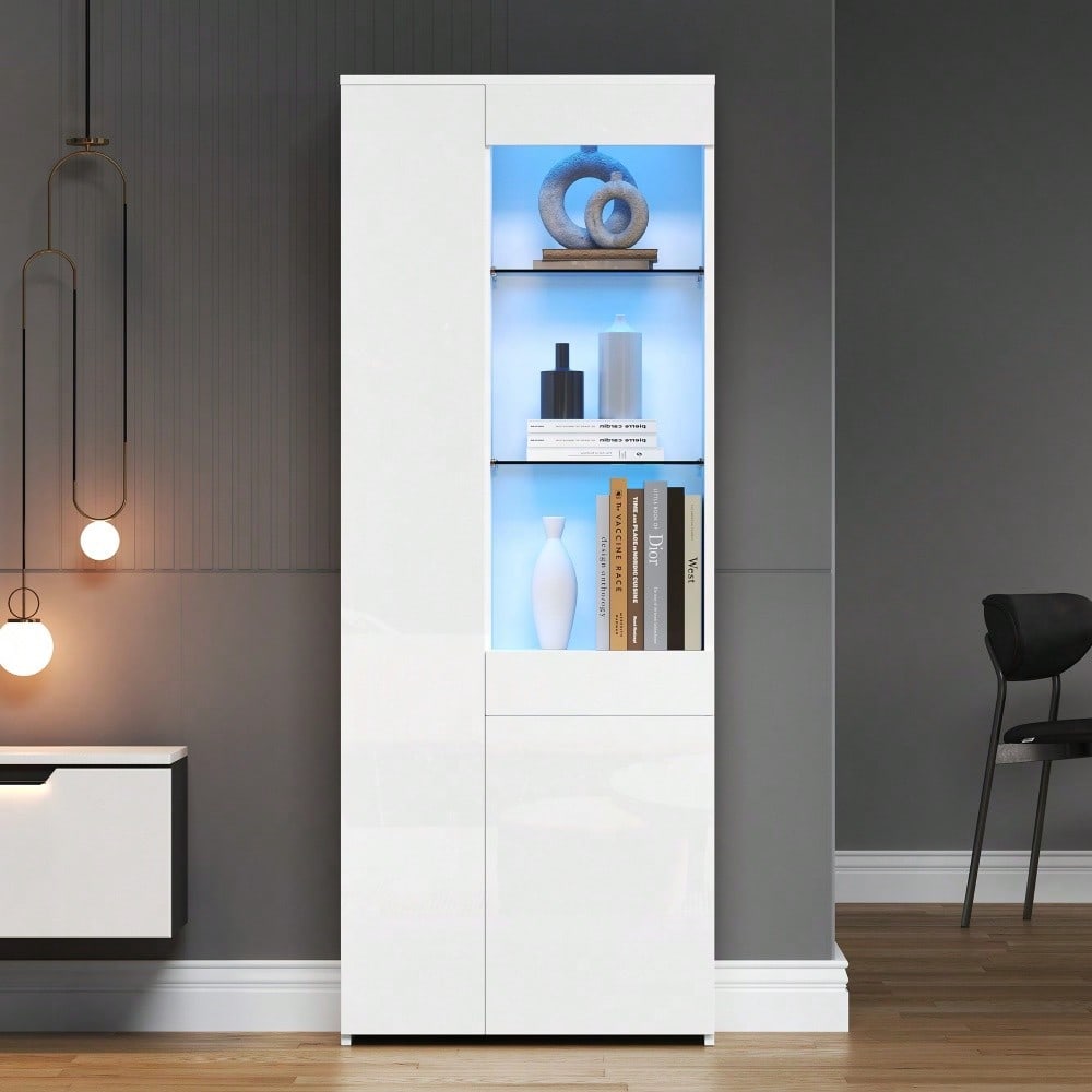 70*35*180cm Vitrine mit Schubladen, Vitrine Hochglanz, Glasvitrine mit LED-Beleuchtung,Hochschrank, Highboard Mit Schrank , Standvitrine,Trennwandlagerung, empfohlene Tragkraft 45kg