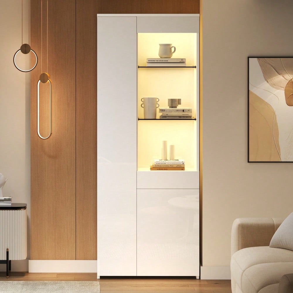 70*35*180cm Vitrine mit Schubladen, Vitrine Hochglanz, Glasvitrine mit LED-Beleuchtung,Hochschrank, Highboard Mit Schrank , Standvitrine,Trennwandlagerung, empfohlene Tragkraft 45kg