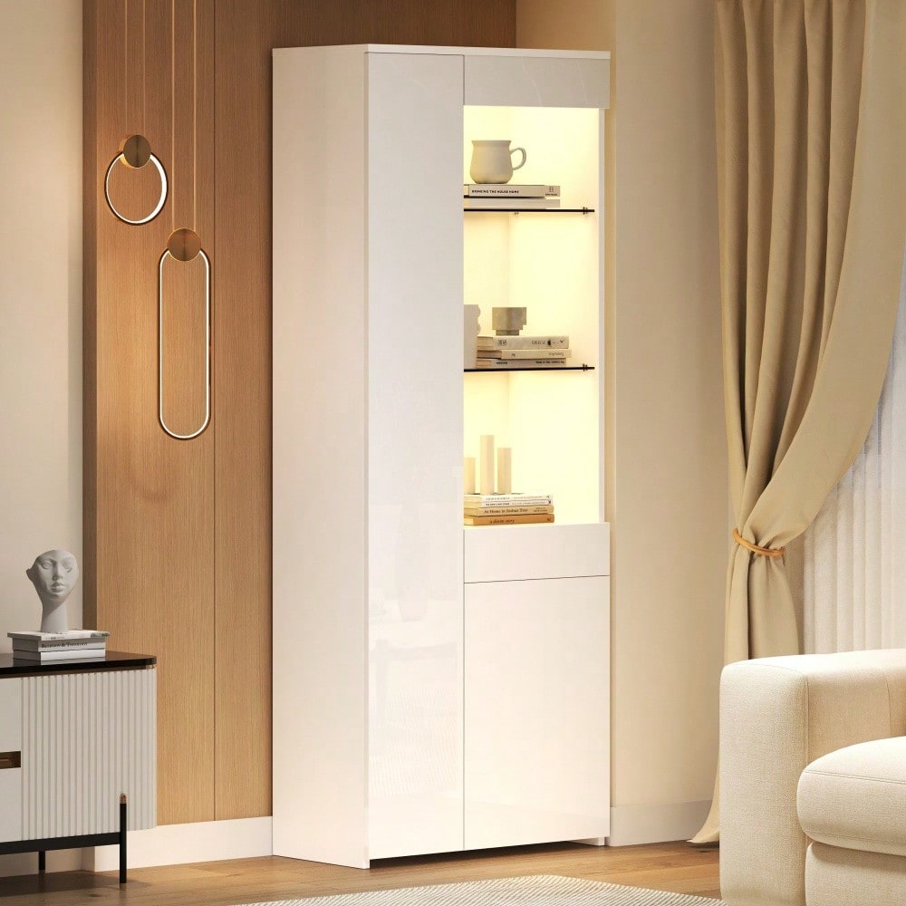 70*35*180cm Vitrine mit Schubladen, Vitrine Hochglanz, Glasvitrine mit LED-Beleuchtung,Hochschrank, Highboard Mit Schrank , Standvitrine,Trennwandlagerung, empfohlene Tragkraft 45kg