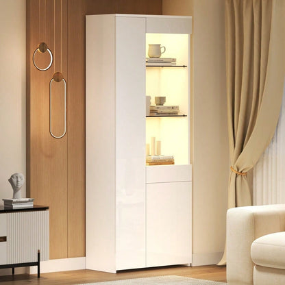 70*35*180cm Vitrine mit Schubladen, Vitrine Hochglanz, Glasvitrine mit LED-Beleuchtung,Hochschrank, Highboard Mit Schrank , Standvitrine,Trennwandlagerung, empfohlene Tragkraft 45kg