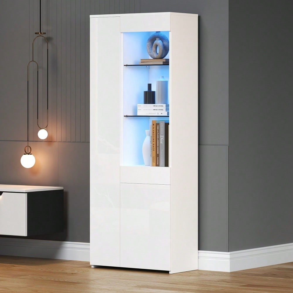 70*35*180cm Vitrine mit Schubladen, Vitrine Hochglanz, Glasvitrine mit LED-Beleuchtung,Hochschrank, Highboard Mit Schrank , Standvitrine,Trennwandlagerung, empfohlene Tragkraft 45kg