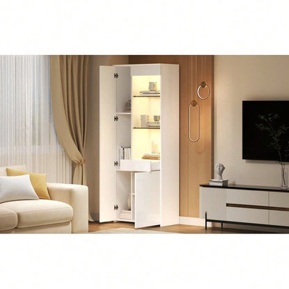 70*35*180cm Vitrine mit Schubladen, Vitrine Hochglanz, Glasvitrine mit LED-Beleuchtung,Hochschrank, Highboard Mit Schrank , Standvitrine,Trennwandlagerung, empfohlene Tragkraft 45kg