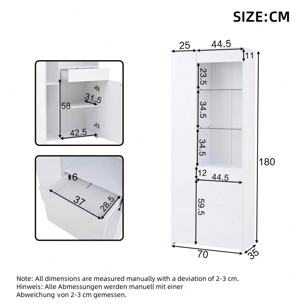 70*35*180cm Vitrine mit Schubladen, Vitrine Hochglanz, Glasvitrine mit LED-Beleuchtung,Hochschrank, Highboard Mit Schrank , Standvitrine,Trennwandlagerung, empfohlene Tragkraft 45kg