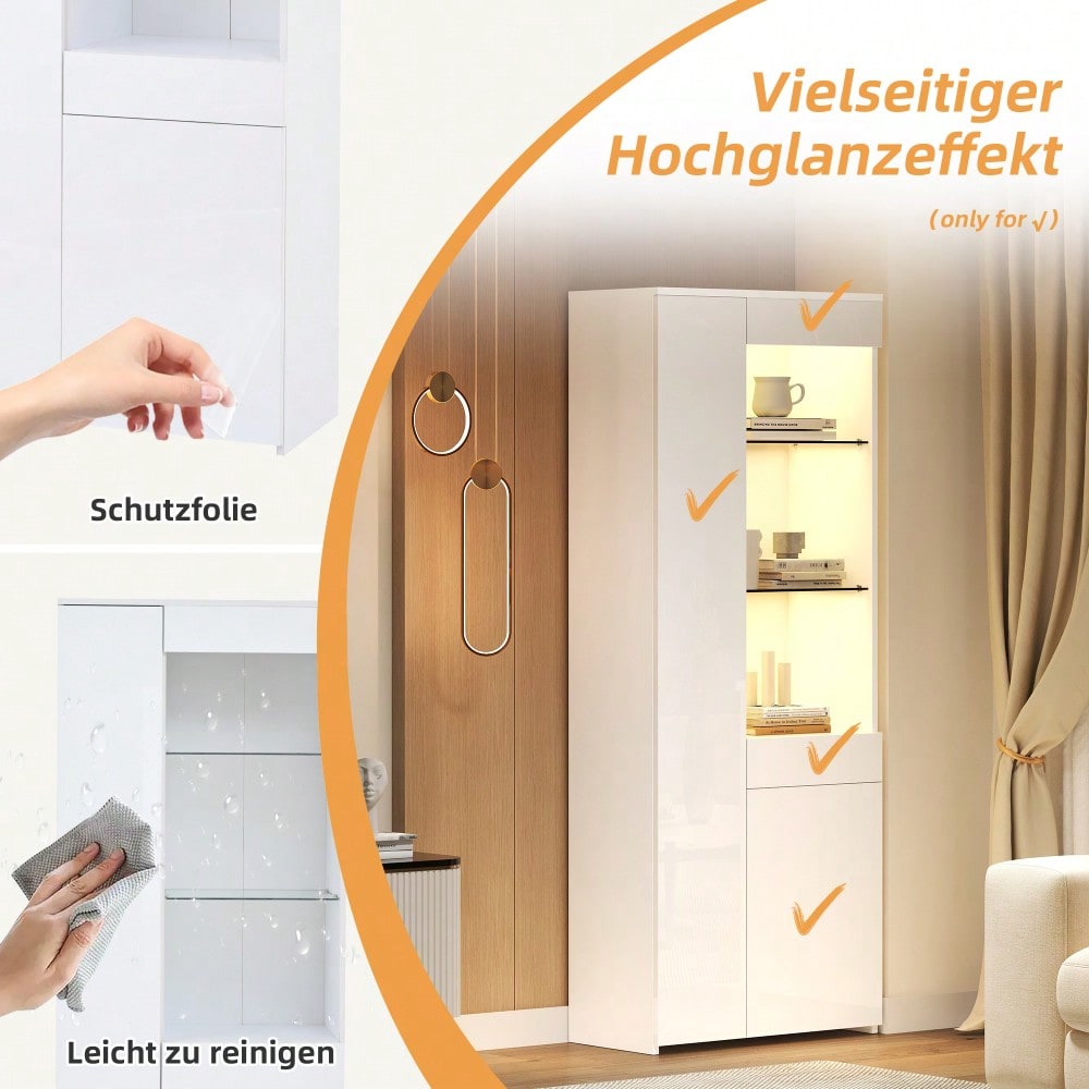 70*35*180cm Vitrine mit Schubladen, Vitrine Hochglanz, Glasvitrine mit LED-Beleuchtung,Hochschrank, Highboard Mit Schrank , Standvitrine,Trennwandlagerung, empfohlene Tragkraft 45kg