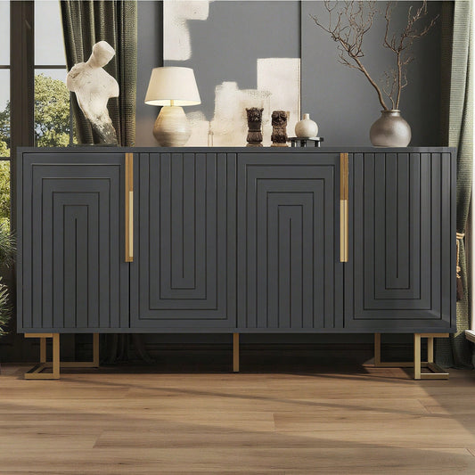 Das schwarze Sideboard (152 x 40 x 75 cm) verfügt über ein einzigartiges geometrisches Design und goldene Griffe und Füße für ein elegantes Gefühl