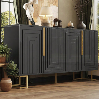 Das schwarze Sideboard (152 x 40 x 75 cm) verfügt über ein einzigartiges geometrisches Design und goldene Griffe und Füße für ein elegantes Gefühl