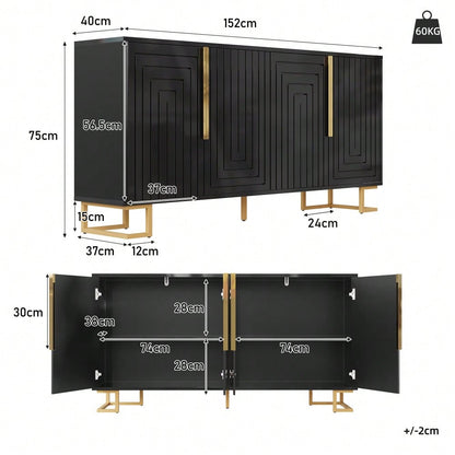 Das schwarze Sideboard (152 x 40 x 75 cm) verfügt über ein einzigartiges geometrisches Design und goldene Griffe und Füße für ein elegantes Gefühl