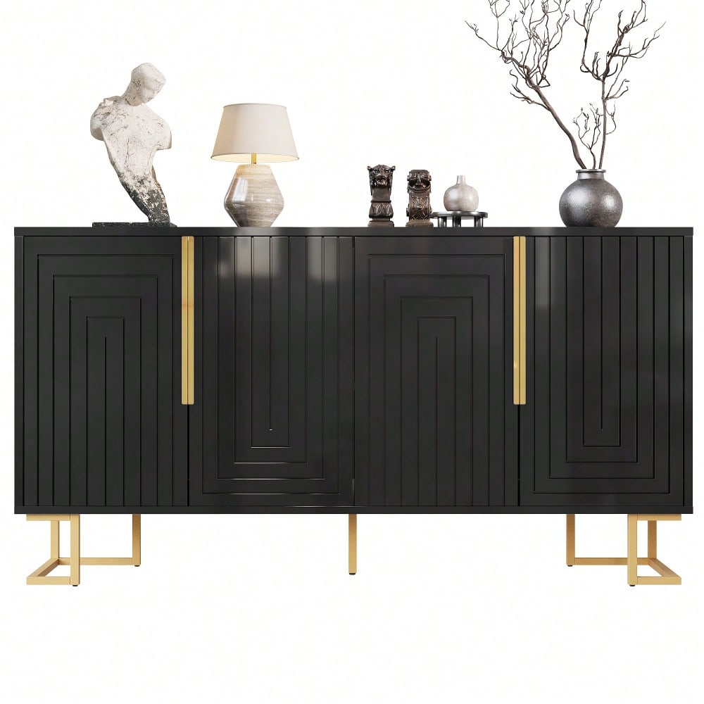 Das schwarze Sideboard (152 x 40 x 75 cm) verfügt über ein einzigartiges geometrisches Design und goldene Griffe und Füße für ein elegantes Gefühl