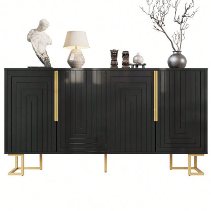 Das schwarze Sideboard (152 x 40 x 75 cm) verfügt über ein einzigartiges geometrisches Design und goldene Griffe und Füße für ein elegantes Gefühl