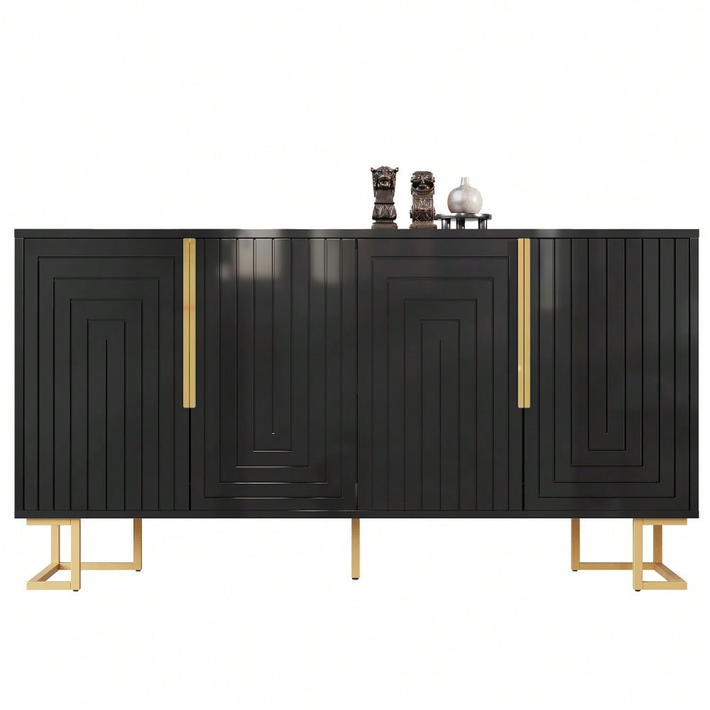 Das schwarze Sideboard (152 x 40 x 75 cm) verfügt über ein einzigartiges geometrisches Design und goldene Griffe und Füße für ein elegantes Gefühl