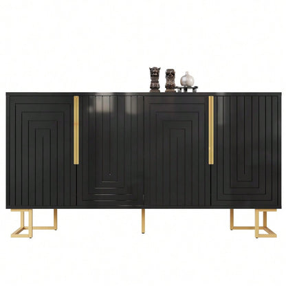 Das schwarze Sideboard (152 x 40 x 75 cm) verfügt über ein einzigartiges geometrisches Design und goldene Griffe und Füße für ein elegantes Gefühl