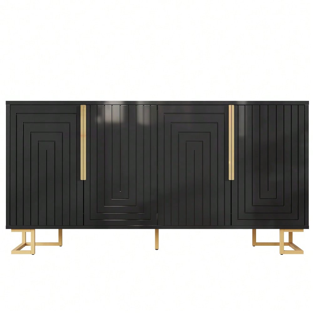 Das schwarze Sideboard (152 x 40 x 75 cm) verfügt über ein einzigartiges geometrisches Design und goldene Griffe und Füße für ein elegantes Gefühl