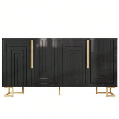 Das schwarze Sideboard (152 x 40 x 75 cm) verfügt über ein einzigartiges geometrisches Design und goldene Griffe und Füße für ein elegantes Gefühl