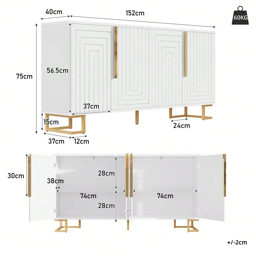 Das weiße Sideboard (152 x 40 x 75 cm) verfügt über ein einzigartiges geometrisches Design und goldene Griffe und Füße für ein elegantes Gefühl