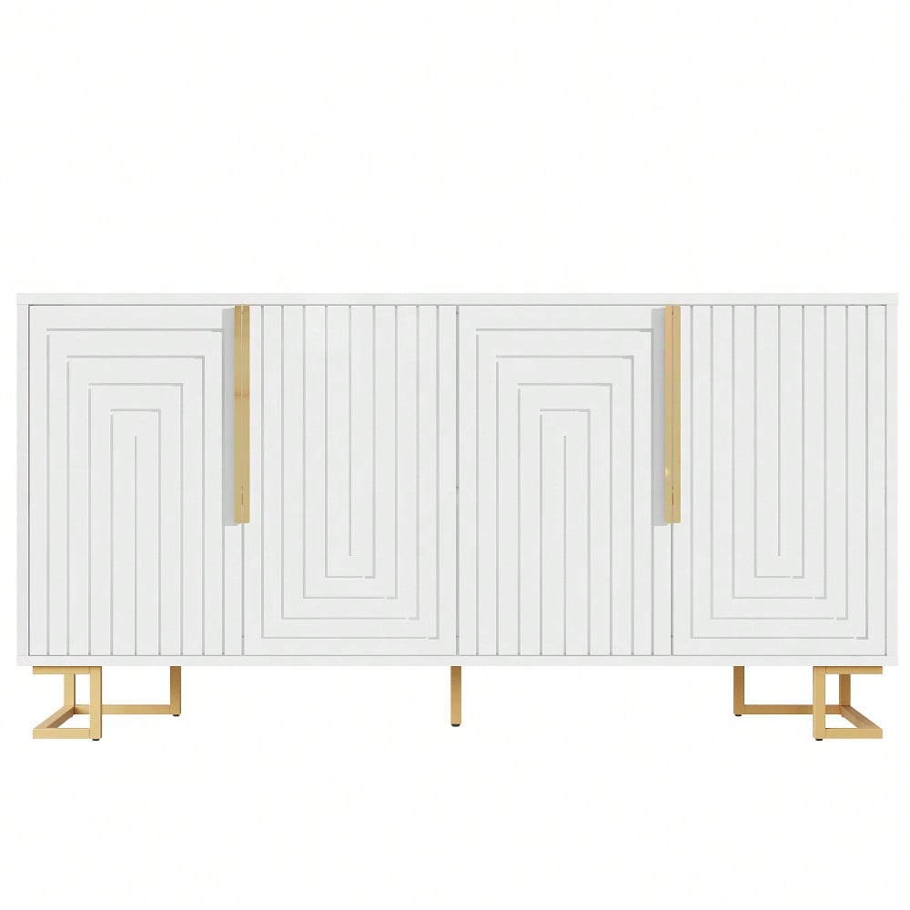 Das weiße Sideboard (152 x 40 x 75 cm) verfügt über ein einzigartiges geometrisches Design und goldene Griffe und Füße für ein elegantes Gefühl