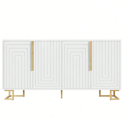 Das weiße Sideboard (152 x 40 x 75 cm) verfügt über ein einzigartiges geometrisches Design und goldene Griffe und Füße für ein elegantes Gefühl