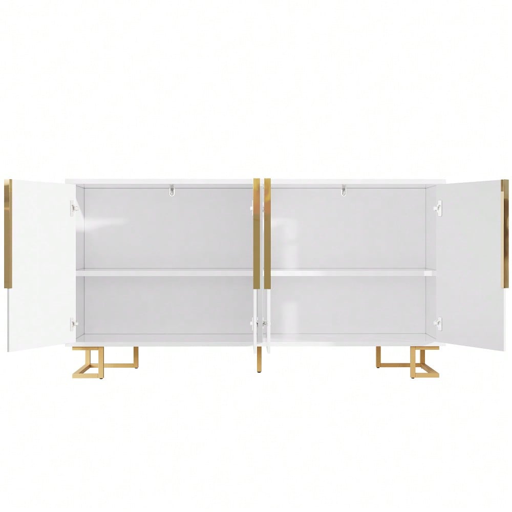 Das weiße Sideboard (152 x 40 x 75 cm) verfügt über ein einzigartiges geometrisches Design und goldene Griffe und Füße für ein elegantes Gefühl