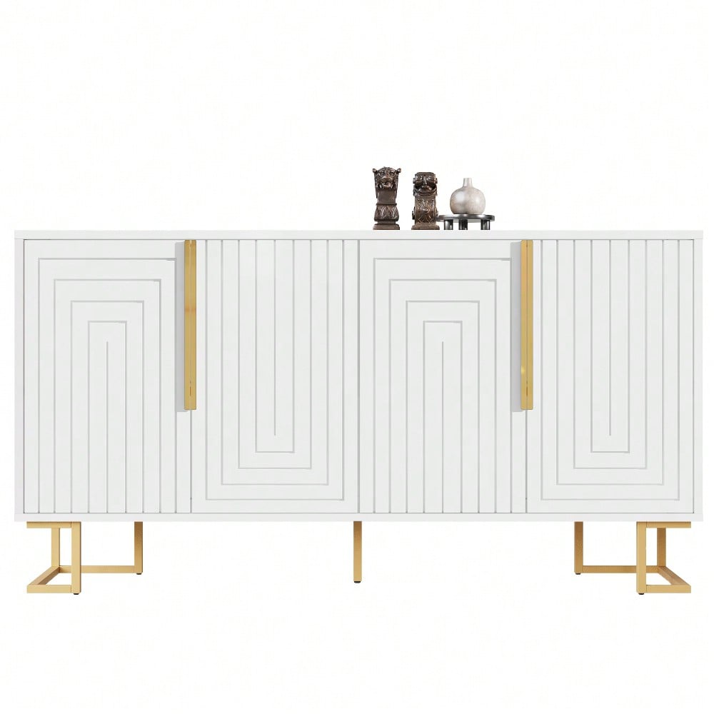 Das weiße Sideboard (152 x 40 x 75 cm) verfügt über ein einzigartiges geometrisches Design und goldene Griffe und Füße für ein elegantes Gefühl