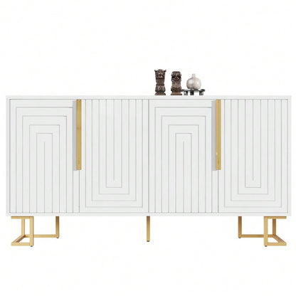 Das weiße Sideboard (152 x 40 x 75 cm) verfügt über ein einzigartiges geometrisches Design und goldene Griffe und Füße für ein elegantes Gefühl
