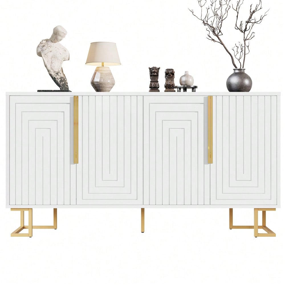 Das weiße Sideboard (152 x 40 x 75 cm) verfügt über ein einzigartiges geometrisches Design und goldene Griffe und Füße für ein elegantes Gefühl