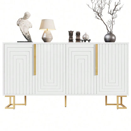 Das weiße Sideboard (152 x 40 x 75 cm) verfügt über ein einzigartiges geometrisches Design und goldene Griffe und Füße für ein elegantes Gefühl
