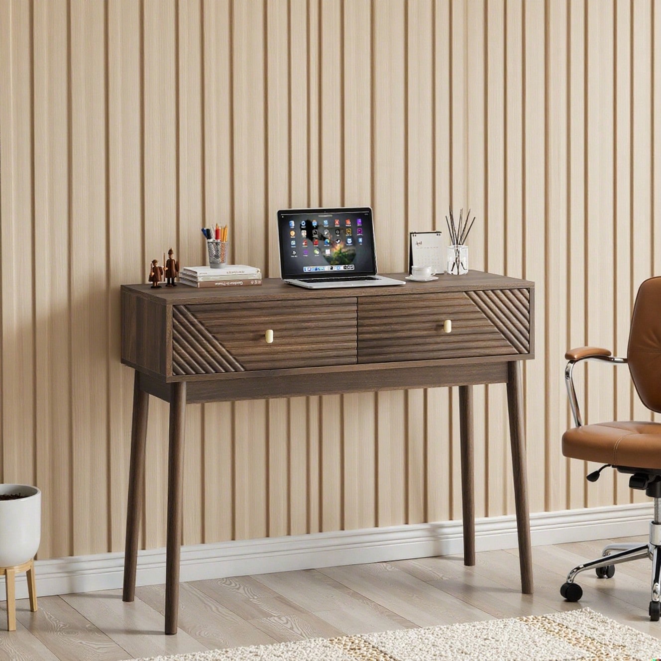 Schreibtisch, Mid-Century Modern Konsolentisch mit Schubladen, Retro-Empfangstisch mit offenen Ablageflächen, moderner Sofatisch für Wohnzimmer, Foyer und Flur, Walnuss