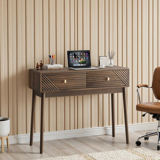 Schreibtisch, Mid-Century Modern Konsolentisch mit Schubladen, Retro-Empfangstisch mit offenen Ablageflächen, moderner Sofatisch für Wohnzimmer, Foyer und Flur, Walnuss
