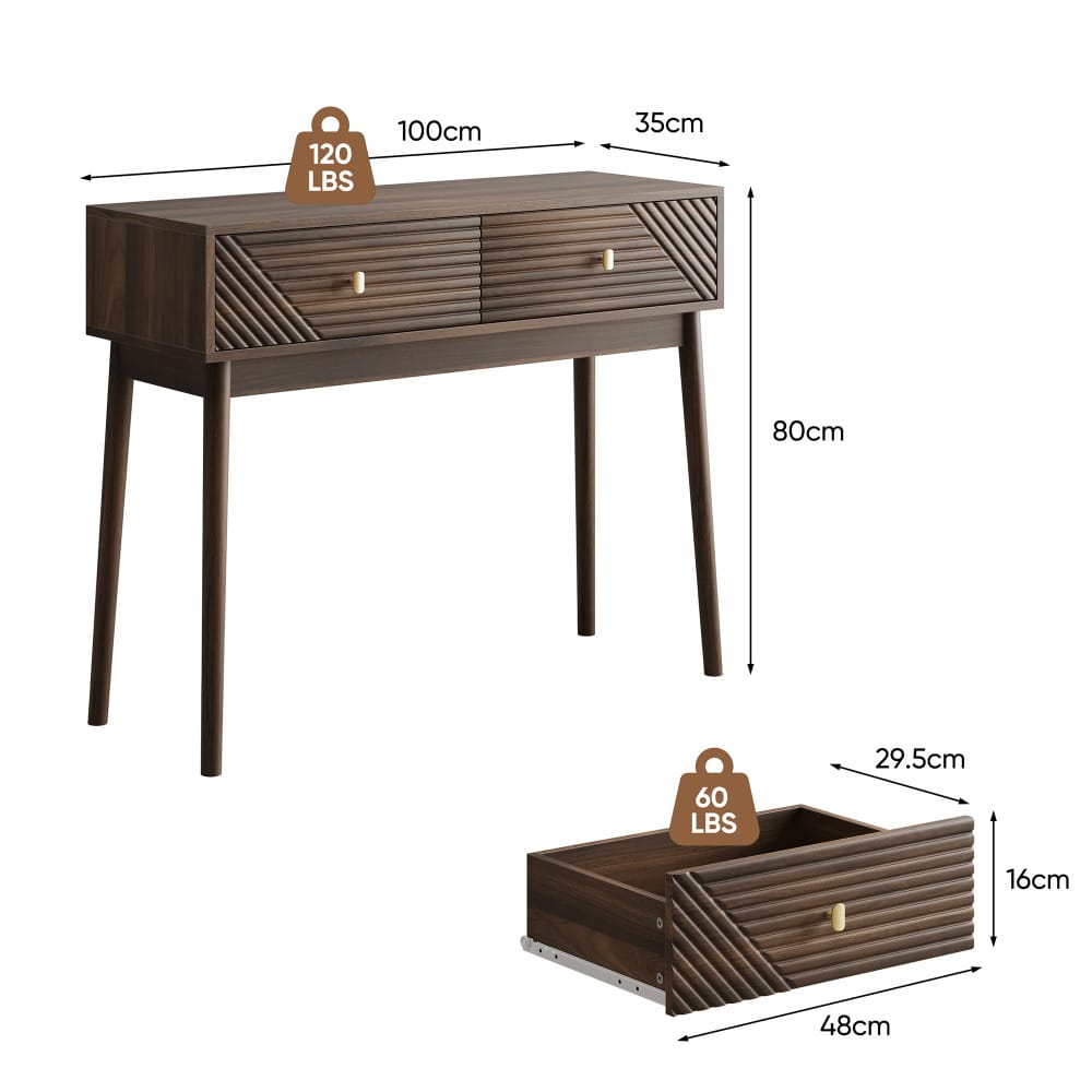 Schreibtisch, Mid-Century Modern Konsolentisch mit Schubladen, Retro-Empfangstisch mit offenen Ablageflächen, moderner Sofatisch für Wohnzimmer, Foyer und Flur, Walnuss