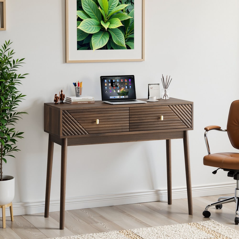 Schreibtisch, Mid-Century Modern Konsolentisch mit Schubladen, Retro-Empfangstisch mit offenen Ablageflächen, moderner Sofatisch für Wohnzimmer, Foyer und Flur, Walnuss