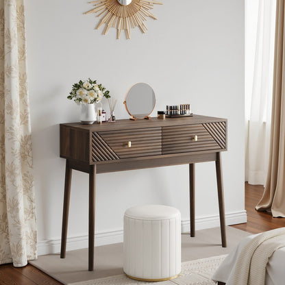 Schreibtisch, Mid-Century Modern Konsolentisch mit Schubladen, Retro-Empfangstisch mit offenen Ablageflächen, moderner Sofatisch für Wohnzimmer, Foyer und Flur, Walnuss