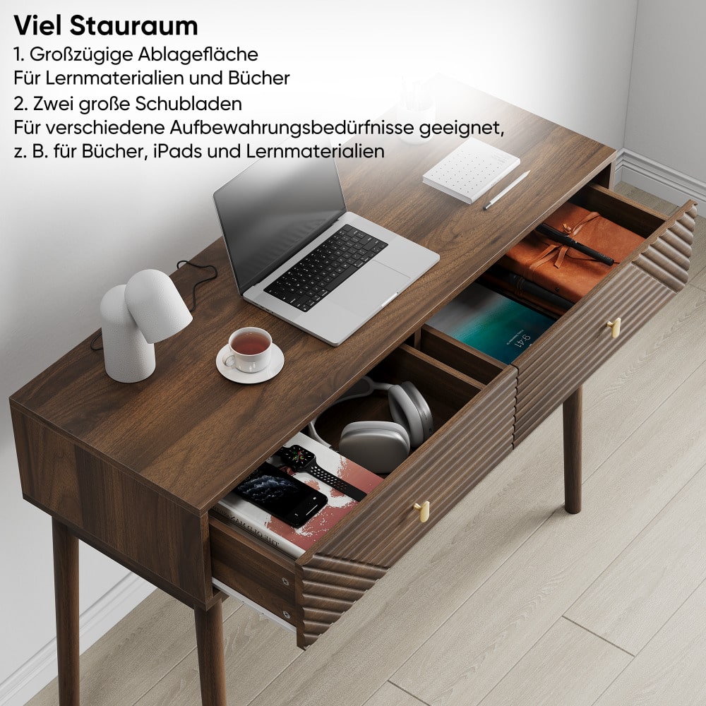 Schreibtisch, Mid-Century Modern Konsolentisch mit Schubladen, Retro-Empfangstisch mit offenen Ablageflächen, moderner Sofatisch für Wohnzimmer, Foyer und Flur, Walnuss