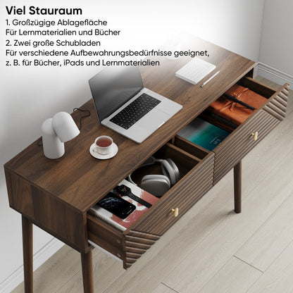 Schreibtisch, Mid-Century Modern Konsolentisch mit Schubladen, Retro-Empfangstisch mit offenen Ablageflächen, moderner Sofatisch für Wohnzimmer, Foyer und Flur, Walnuss