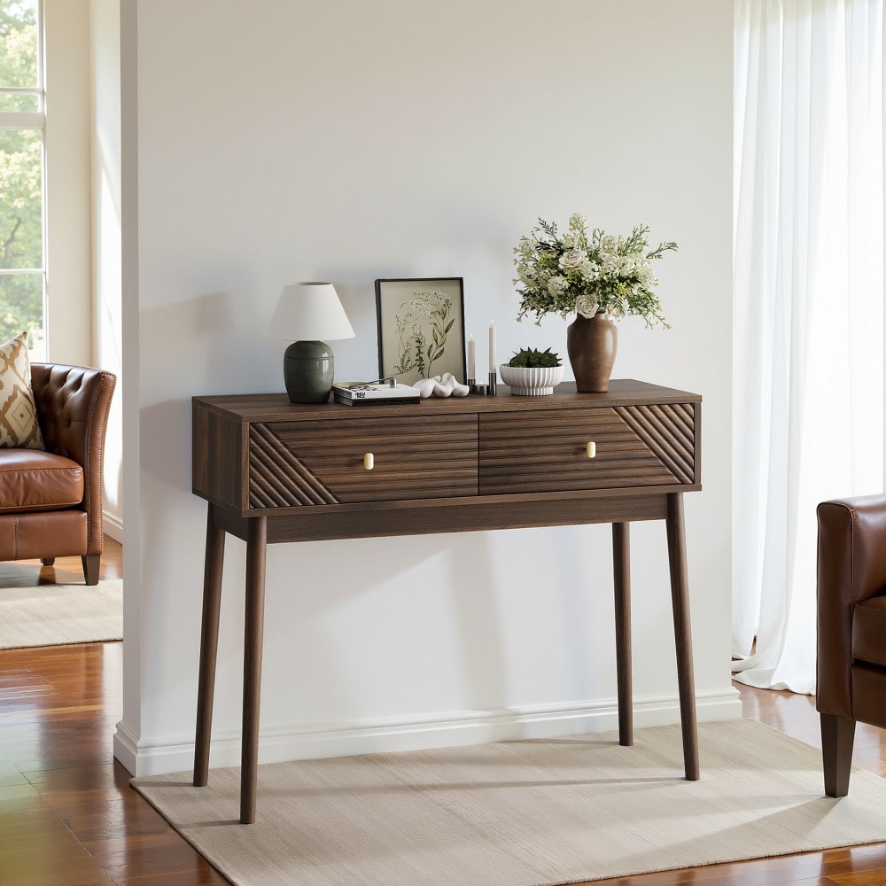 Schreibtisch, Mid-Century Modern Konsolentisch mit Schubladen, Retro-Empfangstisch mit offenen Ablageflächen, moderner Sofatisch für Wohnzimmer, Foyer und Flur, Walnuss