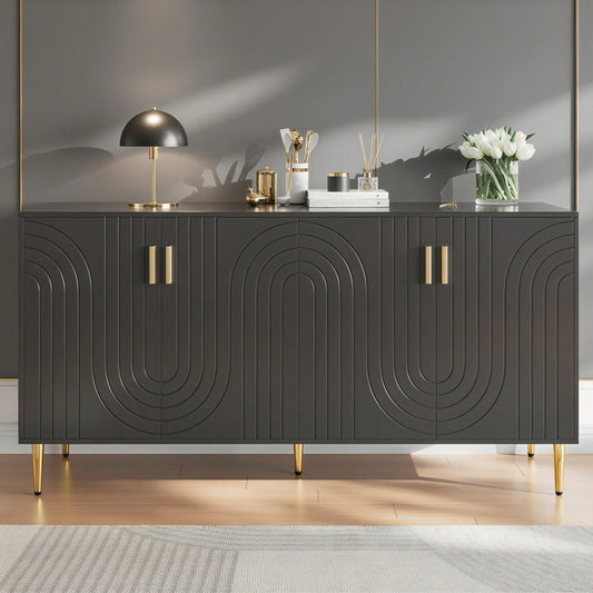 Schwarzes Sideboard (152 x 40 x 75 cm) mit einzigartigem Wellendesign und goldenen Griffen und Füßen, das einen eleganten Essbereich schafft(Previous sku:N620P17539192AAS)