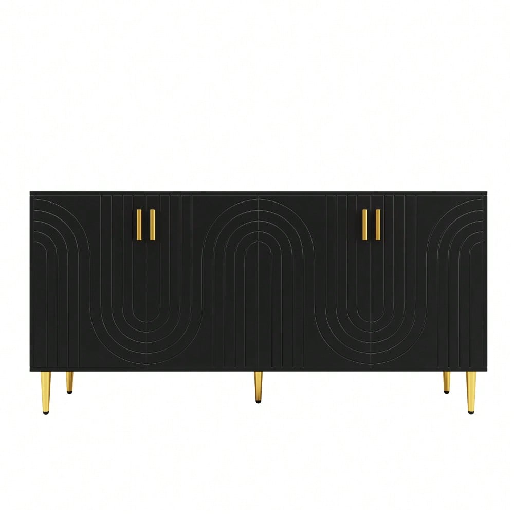 Schwarzes Sideboard (152 x 40 x 75 cm) mit einzigartigem Wellendesign und goldenen Griffen und Füßen, das einen eleganten Essbereich schafft(Previous sku:N620P17539192AAS)
