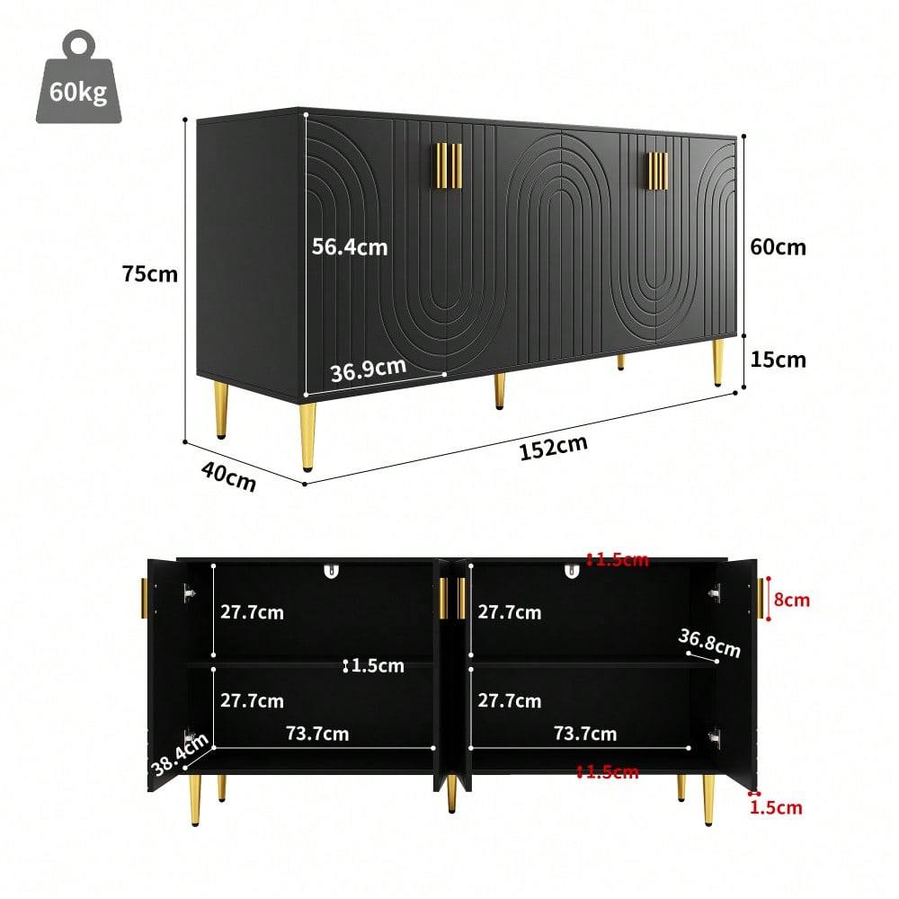 Schwarzes Sideboard (152 x 40 x 75 cm) mit einzigartigem Wellendesign und goldenen Griffen und Füßen, das einen eleganten Essbereich schafft(Previous sku:N620P17539192AAS)