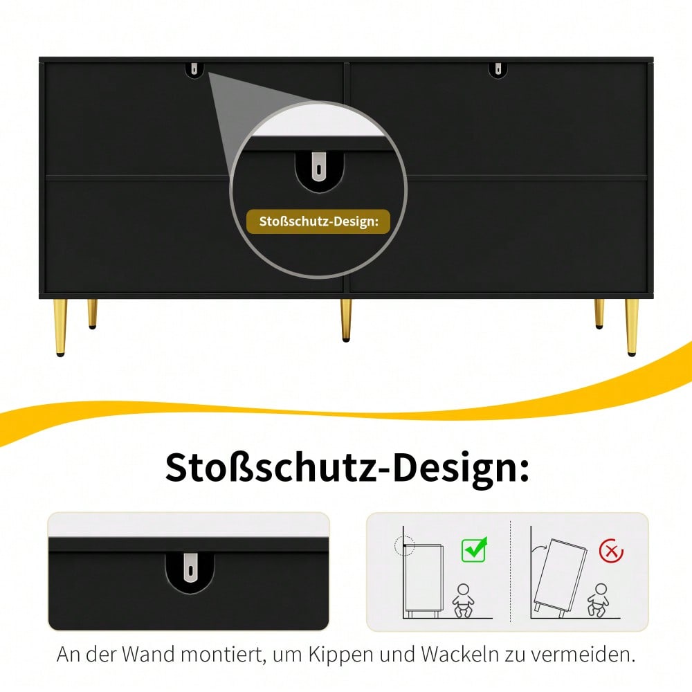 Schwarzes Sideboard (152 x 40 x 75 cm) mit einzigartigem Wellendesign und goldenen Griffen und Füßen, das einen eleganten Essbereich schafft(Previous sku:N620P17539192AAS)